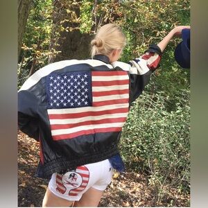 Genuine Leather vintage western bomber USA flag jacket NWT